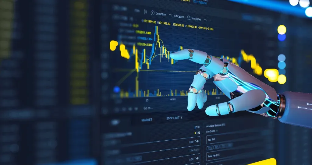 Inwestowanie z AI: grafika przedstawiająca robota, który sprawdza wyniki na rynku finansowym
