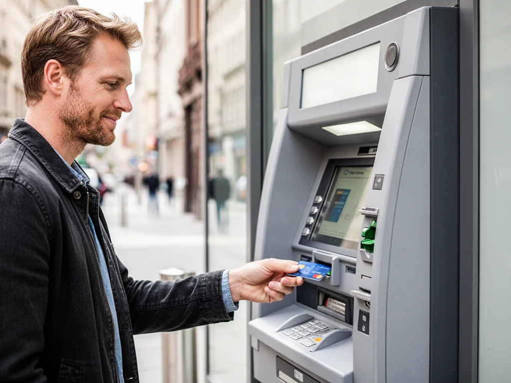 Mężczyzna wkłada kartę płatniczą do nowoczesnego bankomatu Euronet na tle miejskiej ulicy.