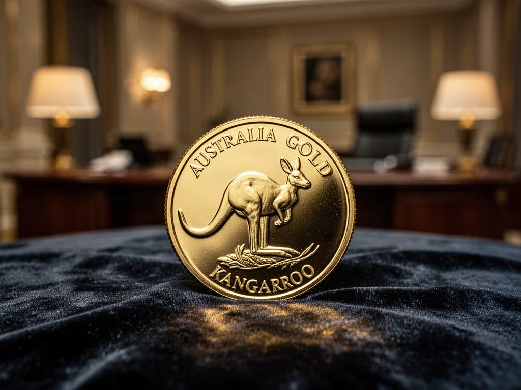 Złota moneta Kangur australijski o wadze 1 uncji leżąca na eleganckim, ciemnym aksamicie w profesjonalnym oświetleniu.