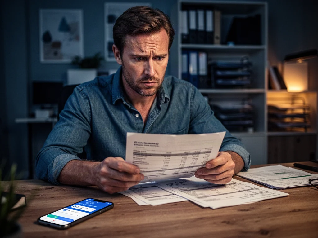 Zaniepokojony mężczyzna przeglądający dokumenty finansowe przy biurku z powiadomieniem z aplikacji bankowej na smartfonie.