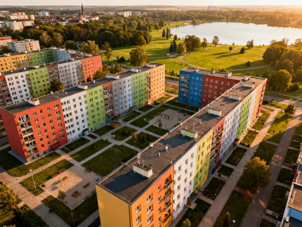Kolorowe osiedla mieszkaniowe w Olsztynie z widokiem na jezioro i zieleń, w ciepłym popołudniowym świetle, no text on the picture
